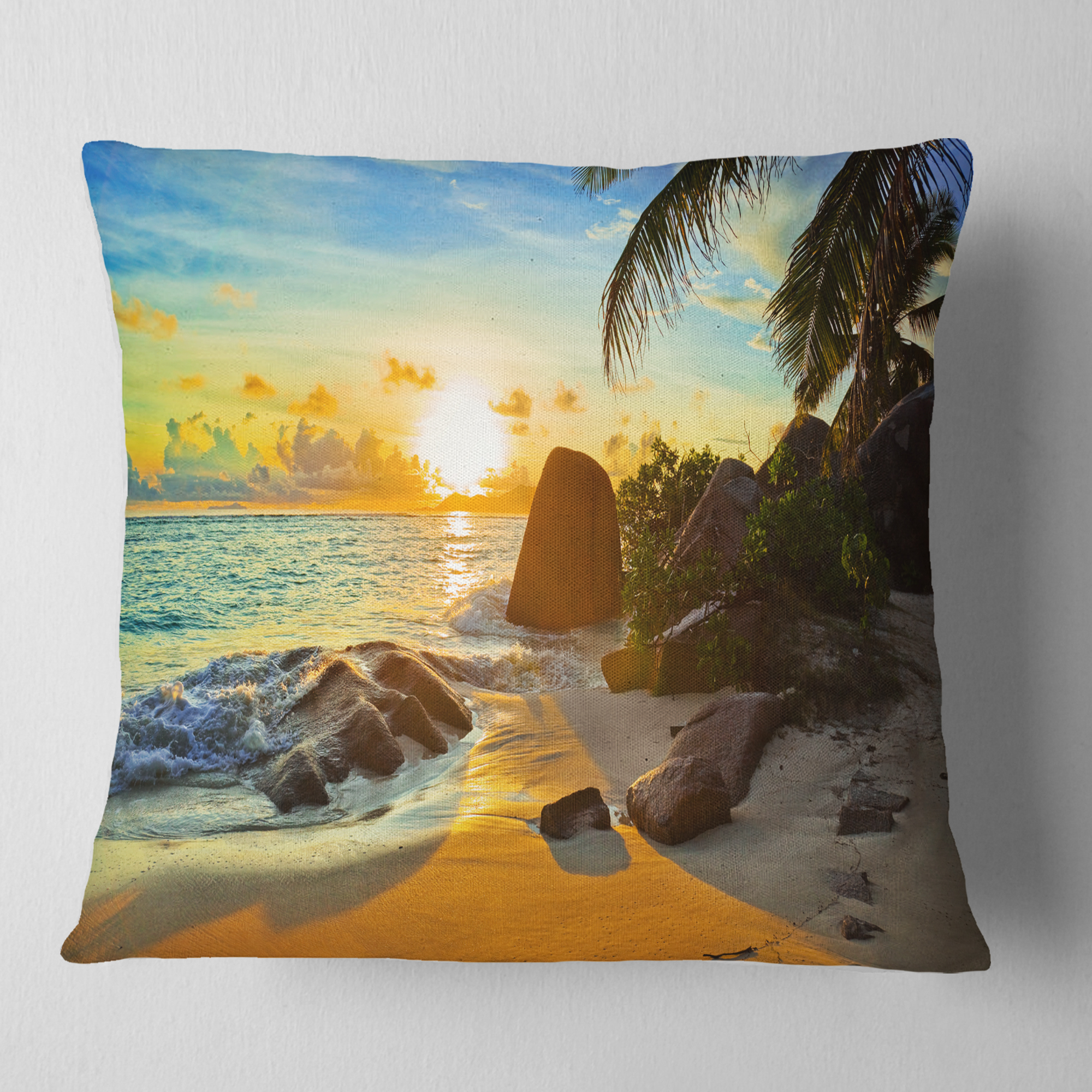 Designart Sunset in Tropical Beach - Landscape Photography Throw Pillow - 18x18