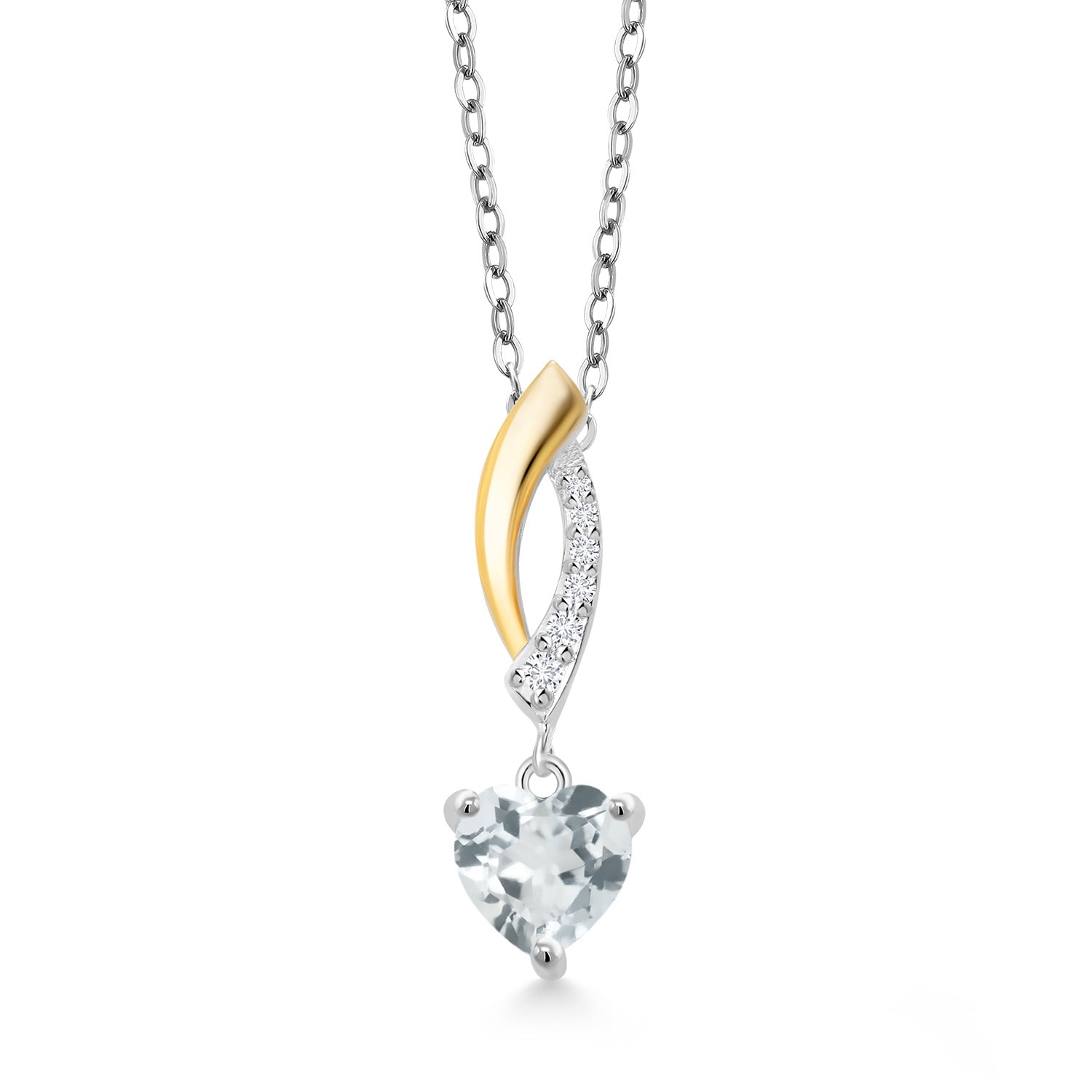 Gem Stone King 0.78 Ct Heart Shape Sky Blue Aquamarine 925 Silver and 10K Yellow Gold Lab Grown Diamond Pendant Necklace with Chain
