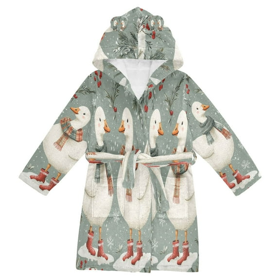 FORMRS Niños Bathrobe Unisex Hooded Robe Soft Plush Pajamas Sleepwear, Size 2-3T, Winter Goose Scarves