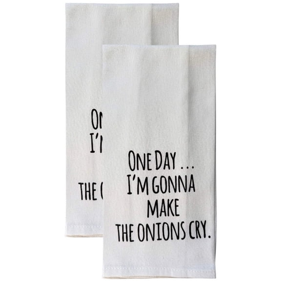 Set of 2, 100% Cotton White Printed Flour Sack Kitchen Towels One Day I'm Gonna Make the Onions cry. Size: 15 X 25 inches.