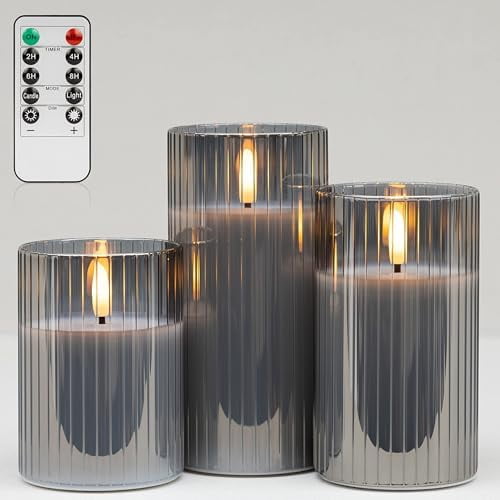 Gray Flameless Candles with Remote, Battery Operated Candles with Timer, LED Candle Flickering Pillar, Fake Electric Candles for Home Bathroom Shelf Decor, Set of 3
