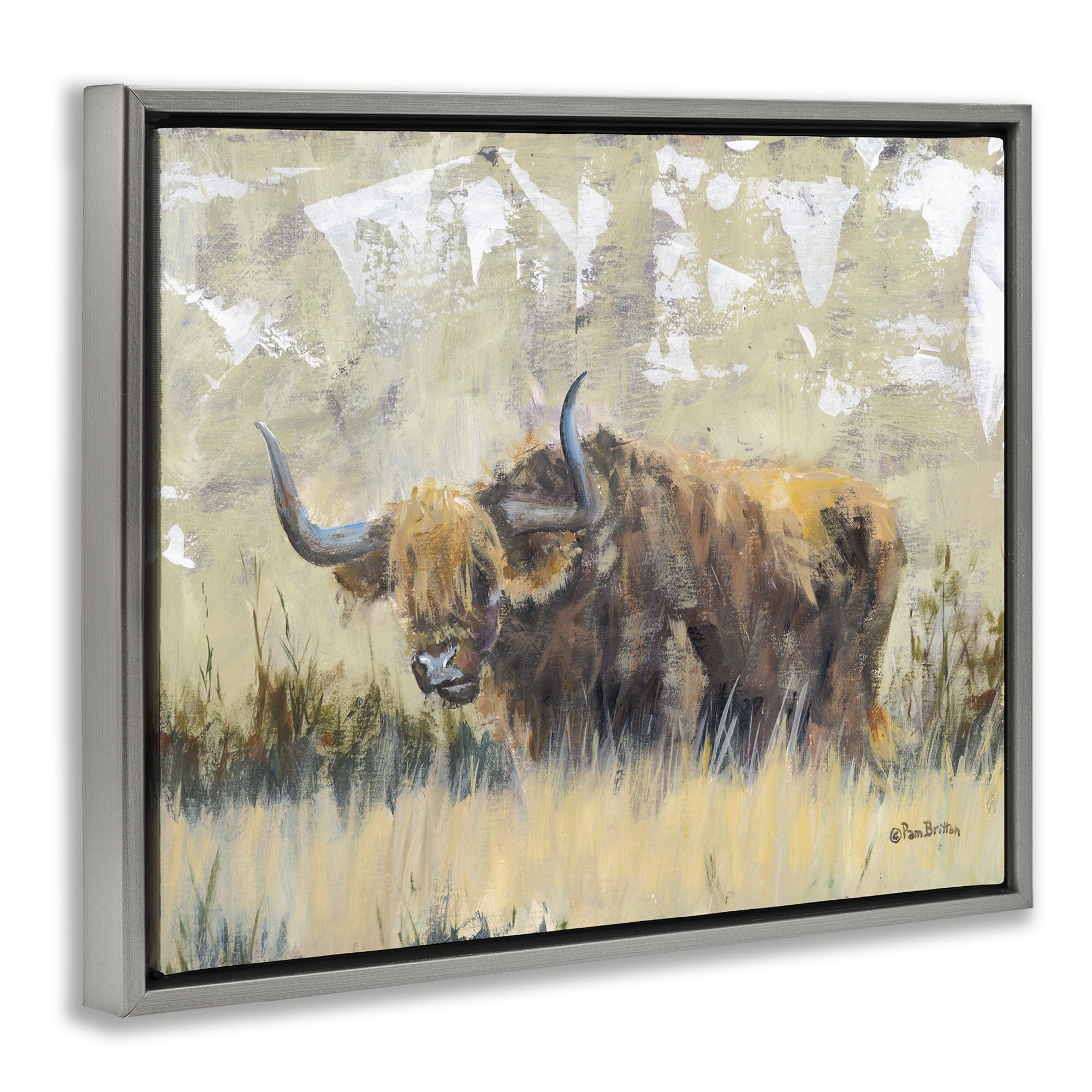 Stupell Industries Rustic Patterned Longhorn Animals & Insects Painting Gray Floater Framed Canvas Art Print Wall Art, 31 x 25