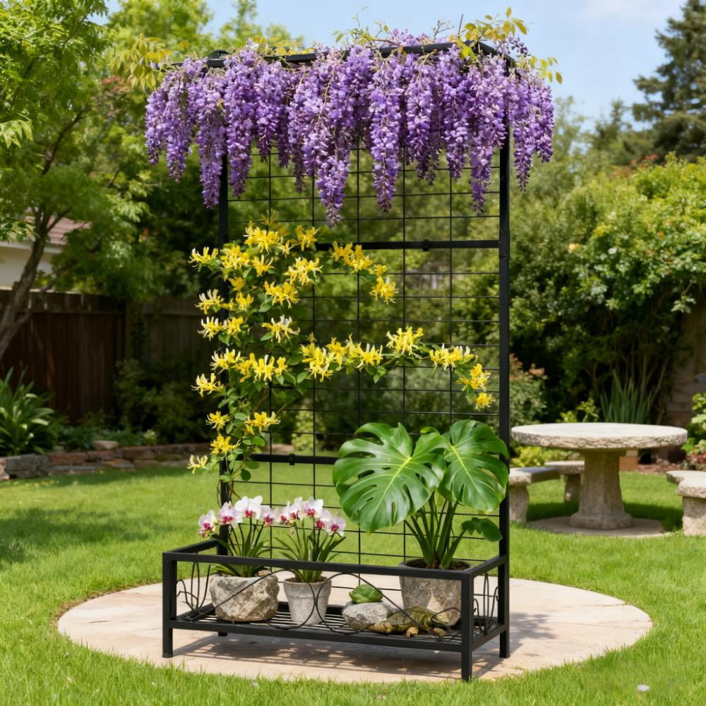 Plant Holder, Metal Tall Plant Stand with Trellis and Hanging Bar,for Indoor Outdoor Use