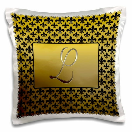- 3dRose Elegant letter L embossed in gold frame over a black fleur-de-lis pattern on a gold background, Pillow Case, 16 by 16-inch