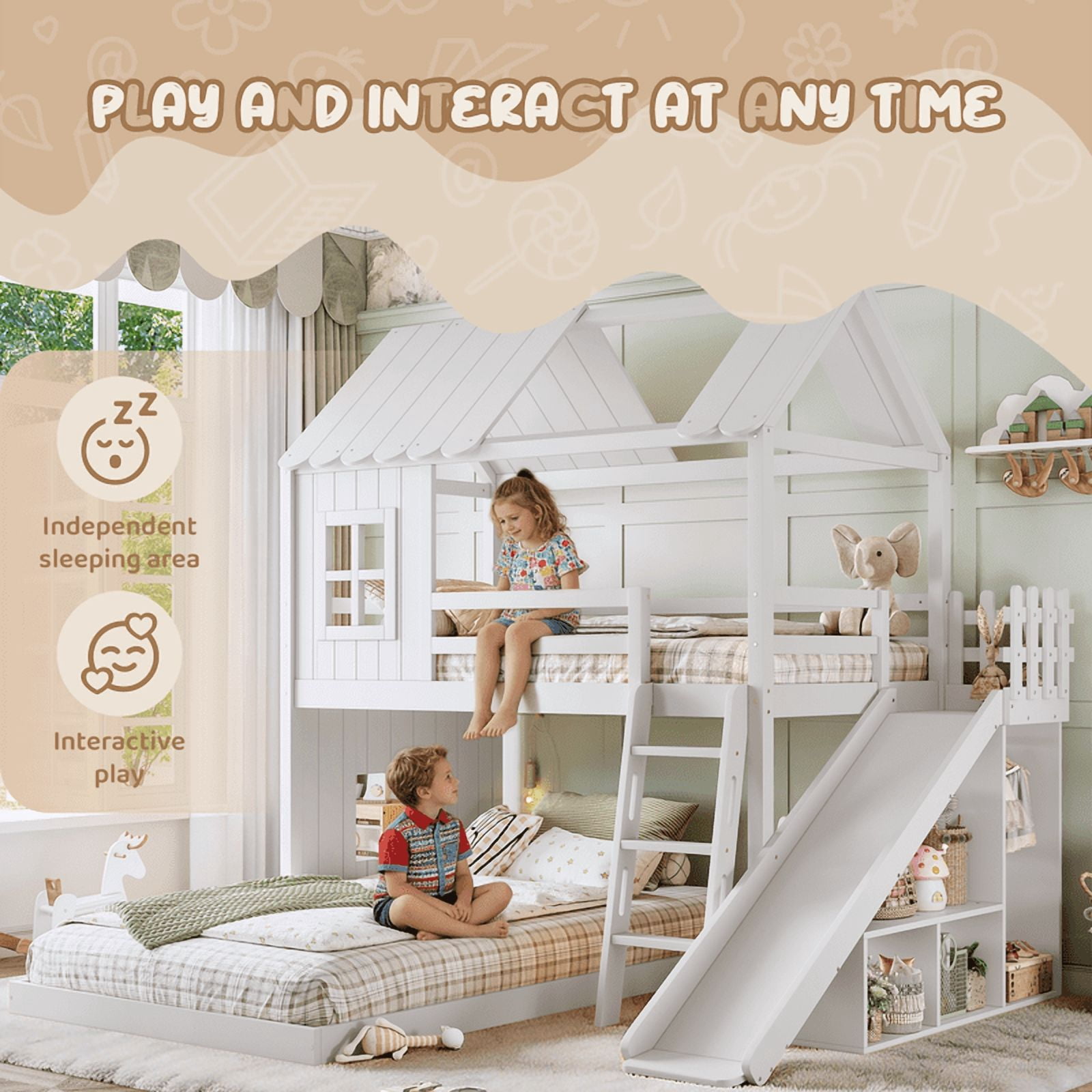 Twin Over Full House Bunk Bed with Slide and Ladder, Kids House Floor Bunk Bed with Storage Shelves and Wardrobe, Playhouse Design, Solid Wood Frame, No Box Spring Needed
