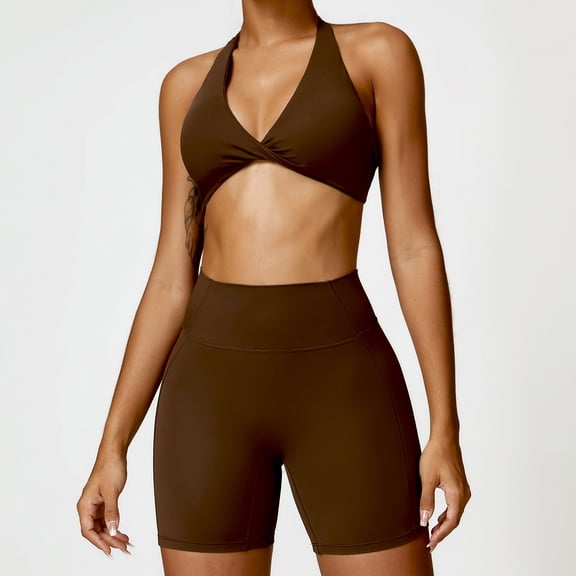 PISONIC Workout Sets for Women 2 Piece Twist Front Halter Sports Bras High Waist Biker Shorts Exercise Gym Yoga Outfit