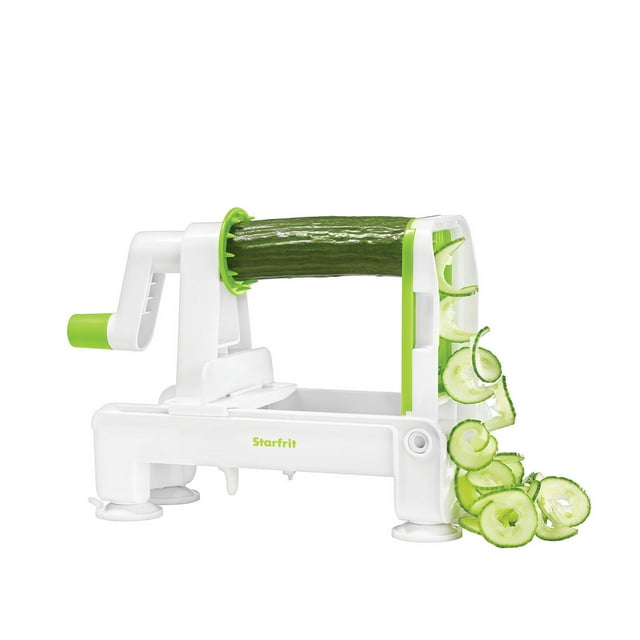 Starfrit Foldable Spiralizer, 3 Interchangeable Blades, Compact Design, Suction Base, Safe Storage Tray, Makes Veggie Noodles and Spiral Slices, Easy to Store, Ideal for Healthy Meals