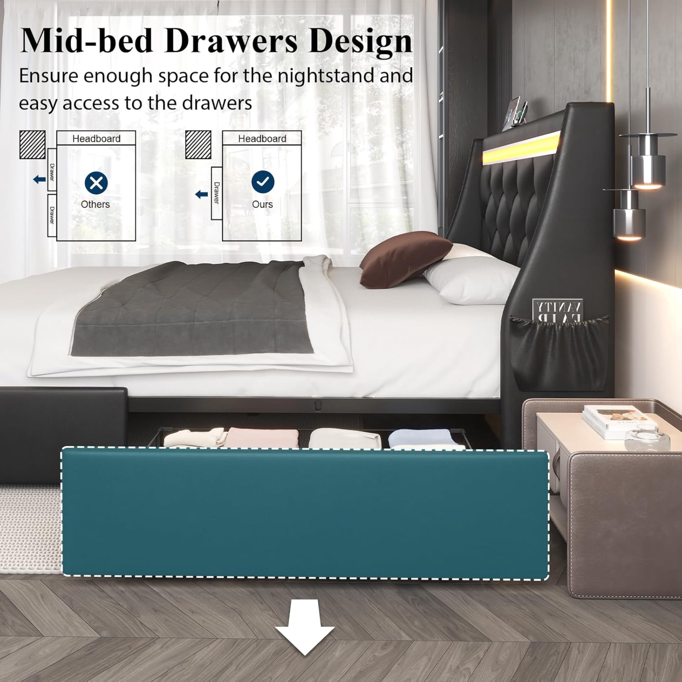 Noble House Ashrid Full Size Bed Frame with Charging Station, Storage Drawers & LED Lights, Metal Support, Black