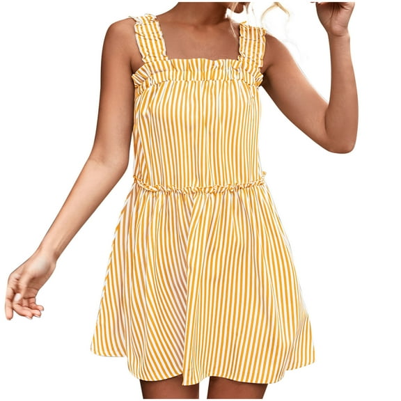 2022 Women's Summer Dresses Midi Dress Sleeveless Ruffle Stripe Loose Flowy Sun Dress Square Neck Casual Swing Dress