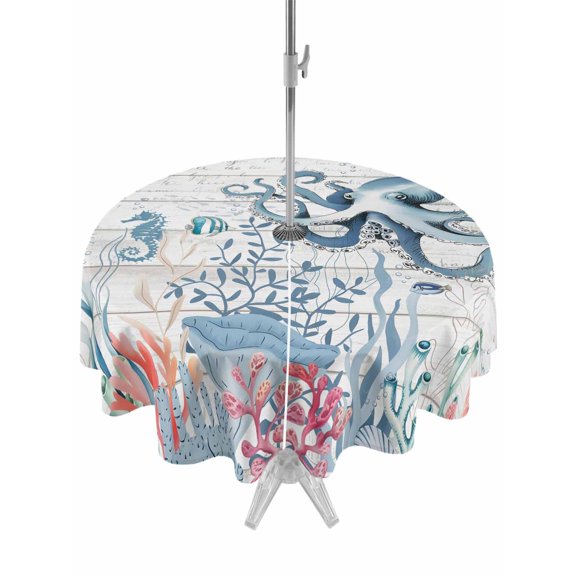 Outdoor Tablecloth with Umbrella Hole and Zipper, Coastal Octopus Round Table Cloth 54 Inch Waterproof Tablecloth, Beach Nautical Ocean Coral Seahorse Vintage Picnic Table Cover for Patio Camping