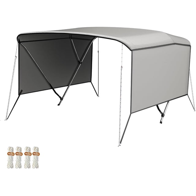 3 Bow Bimini Top for Boats – Marine Grade Canvas Sun Shade, Mesh Sidewalls, 2 Removable Curtains, 4 Windproof Ropes, 2 Straps, 2 Adjustable Rear Support Poles, 1" Aluminum Frame, Zippered