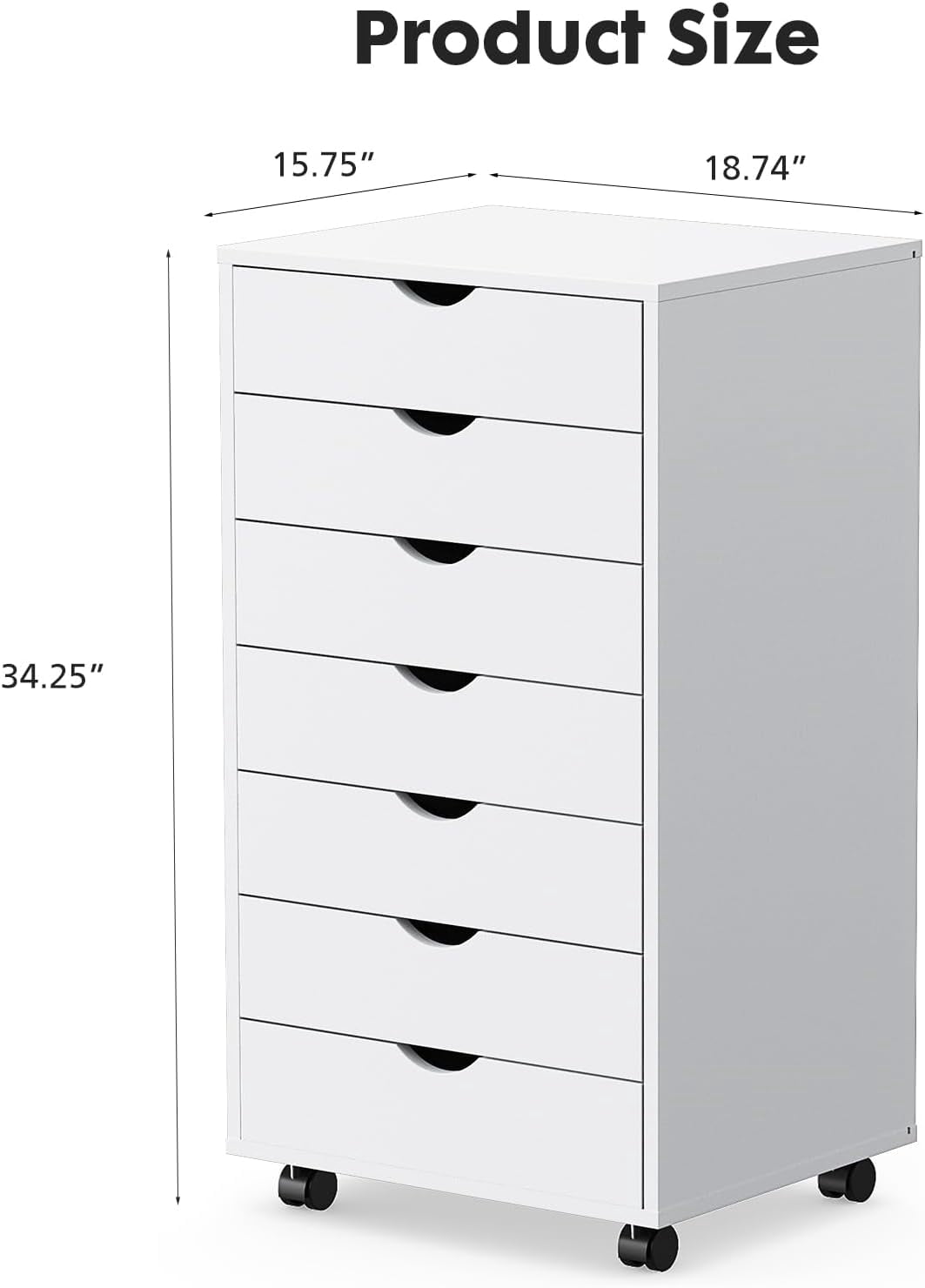 7 Drawer Storage Organizer, 34.25'' Height File Cabinets Dressers With Wheels, Wood Cabinet For Home Office, Bedroom, Study, White