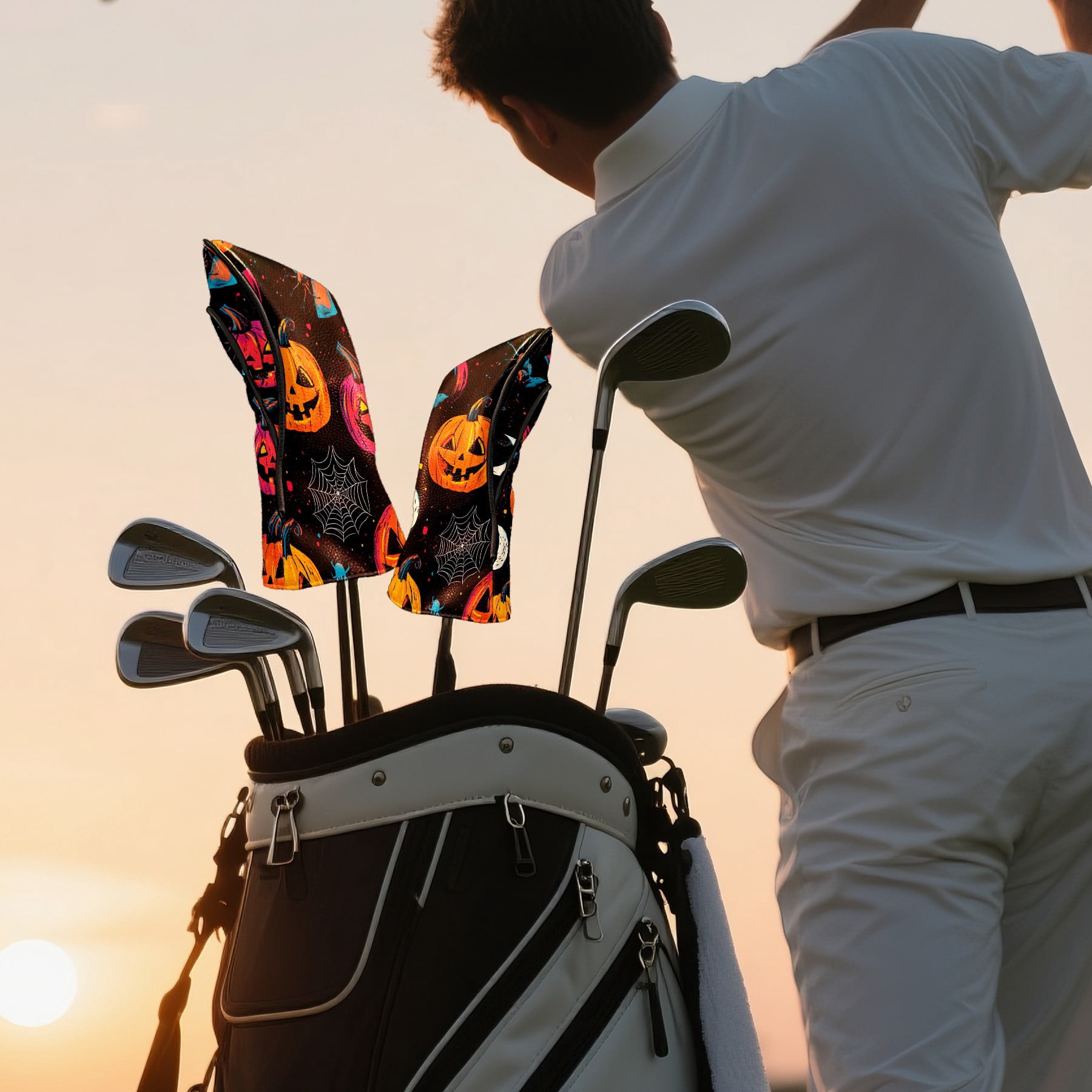 Golf Club Covers PU Leather Waterproof Head Covers for Fairway Woods Hybrids Cute Halloween Pumpkin