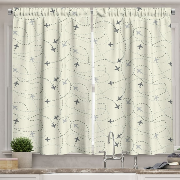 Ambesonne Airplane Print Kitchen Curtains, Minimal Silhouettes, 55"x45", Cream Grey