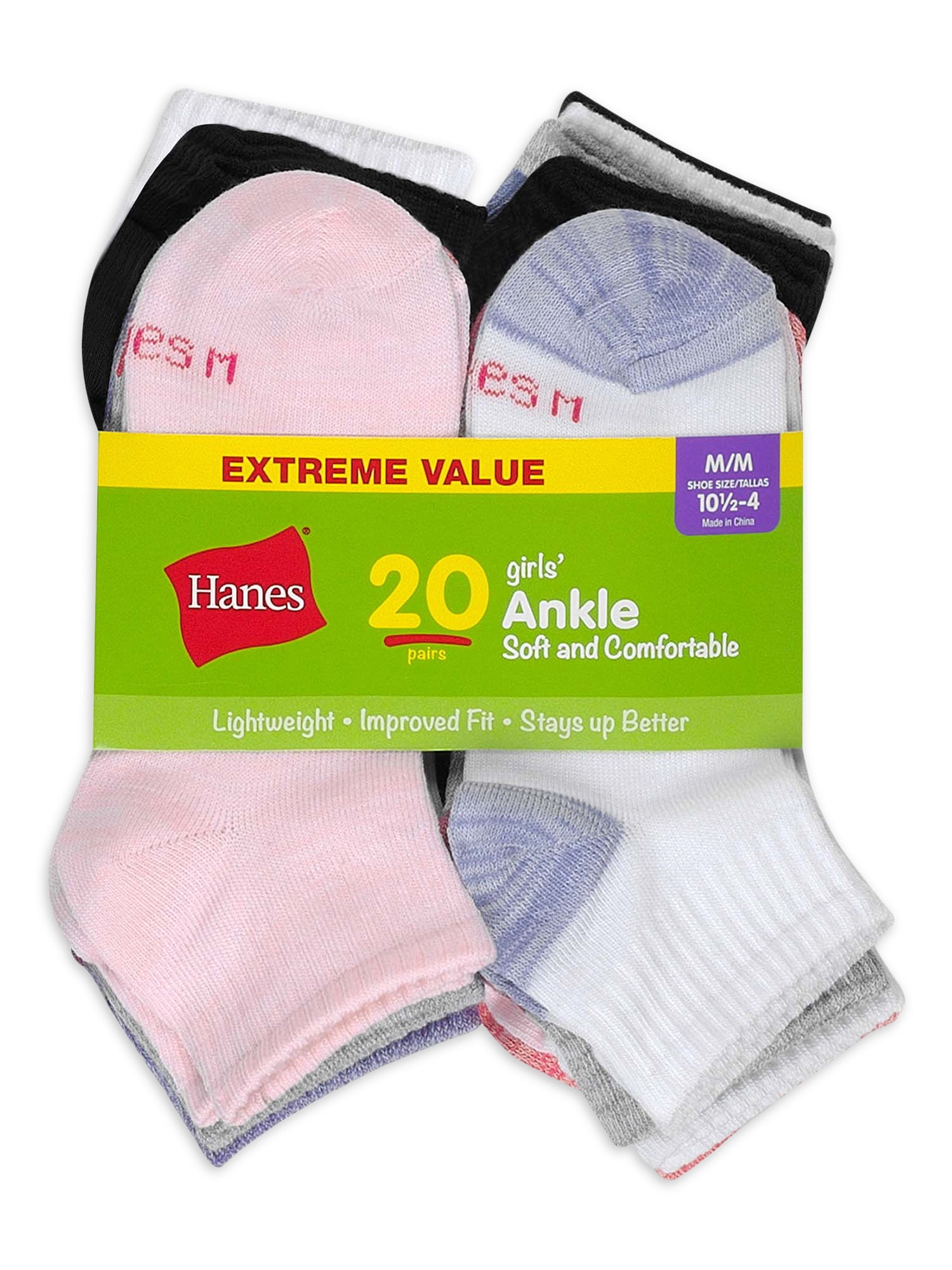 Hanes Girls Extreme Value Ankle Socks, 20 Pack, Sizes (S-L)
