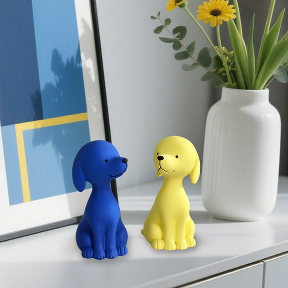 Figura de resina de cachorro sentado azul y amarillo | Decoración para sala de estar, jardín o escritorio | Bonita estatua de animal para habitación infantil u oficina