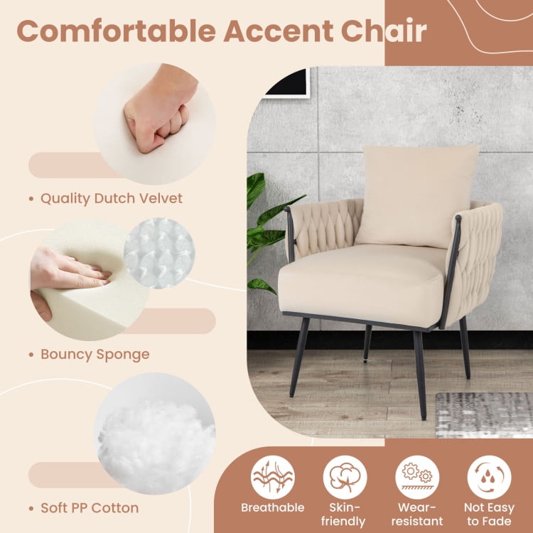 Finihen Accent Chair, Modern Upholstered Accent Chair, Modern Dutch Velvet Accent Chair and Ottoman Set with Weaved Back and Arms, for Living Room, Bedroom, White Finihen Accent Chair, Modern Upholstered Accent Chair, Modern Dutch Velvet Accent Chair and Ottoman Set with Weaved Back and Arms, for Living Room, Bedroom, White