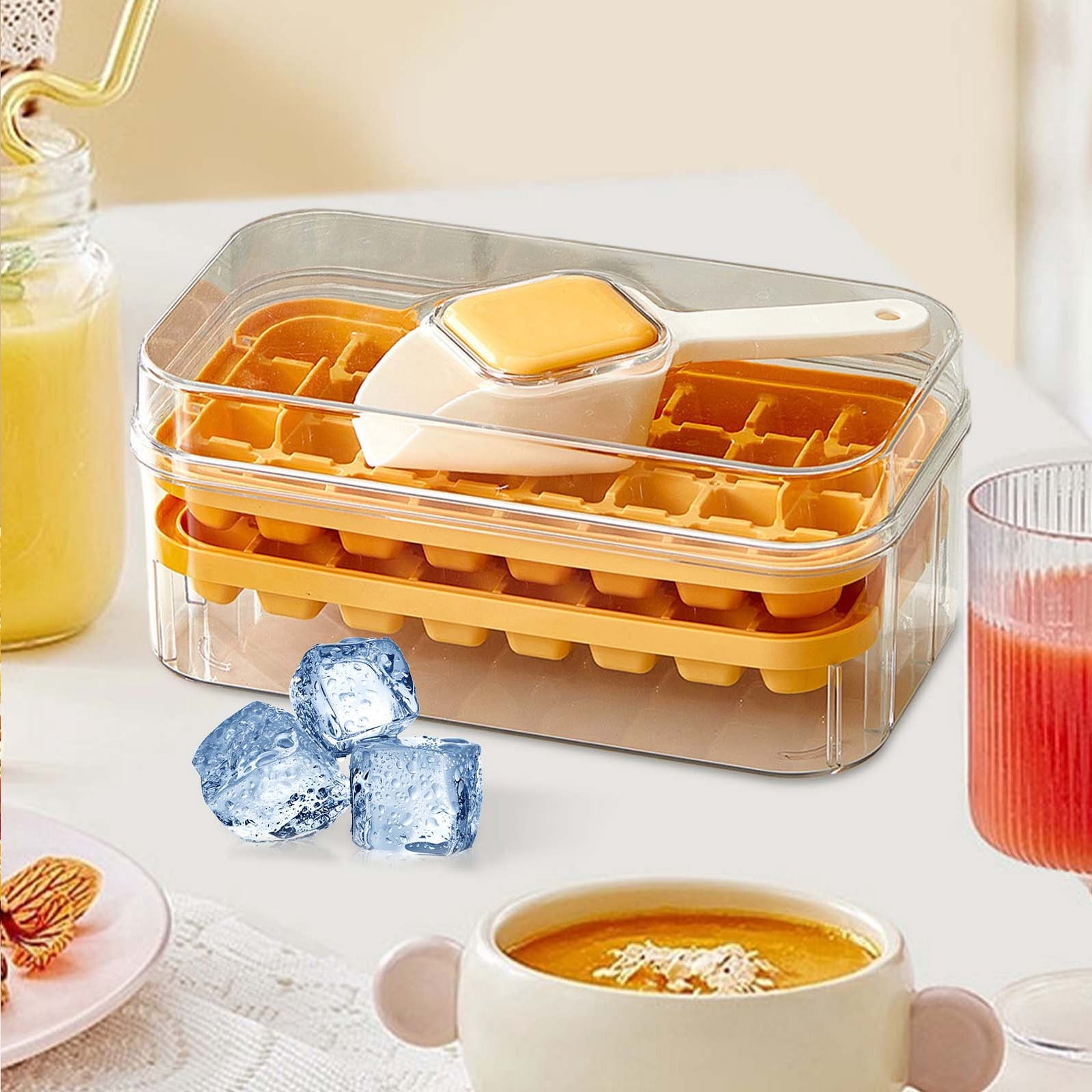 COM1950s Ice Tray with Storage Bin, One Click Release Double Layer Portable Ice Maker with Handle, Large Capacity Ice Container for Summer Home Party