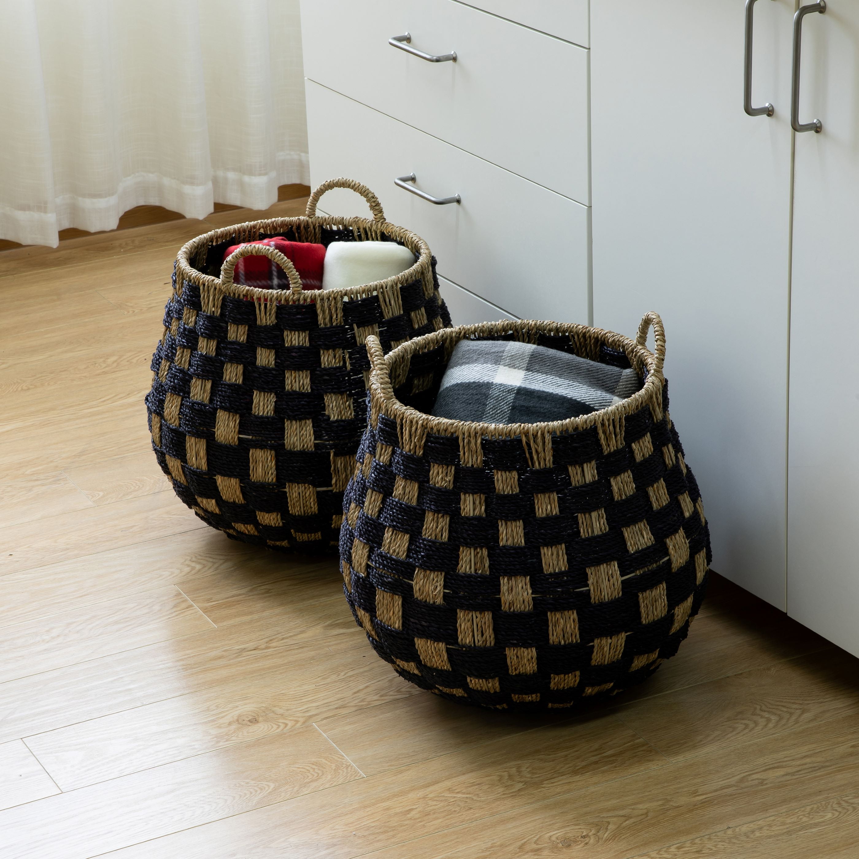 Better Homes & Gardens Large Round Checkered Seagrass Storage Basket with Handles, 2 Pack