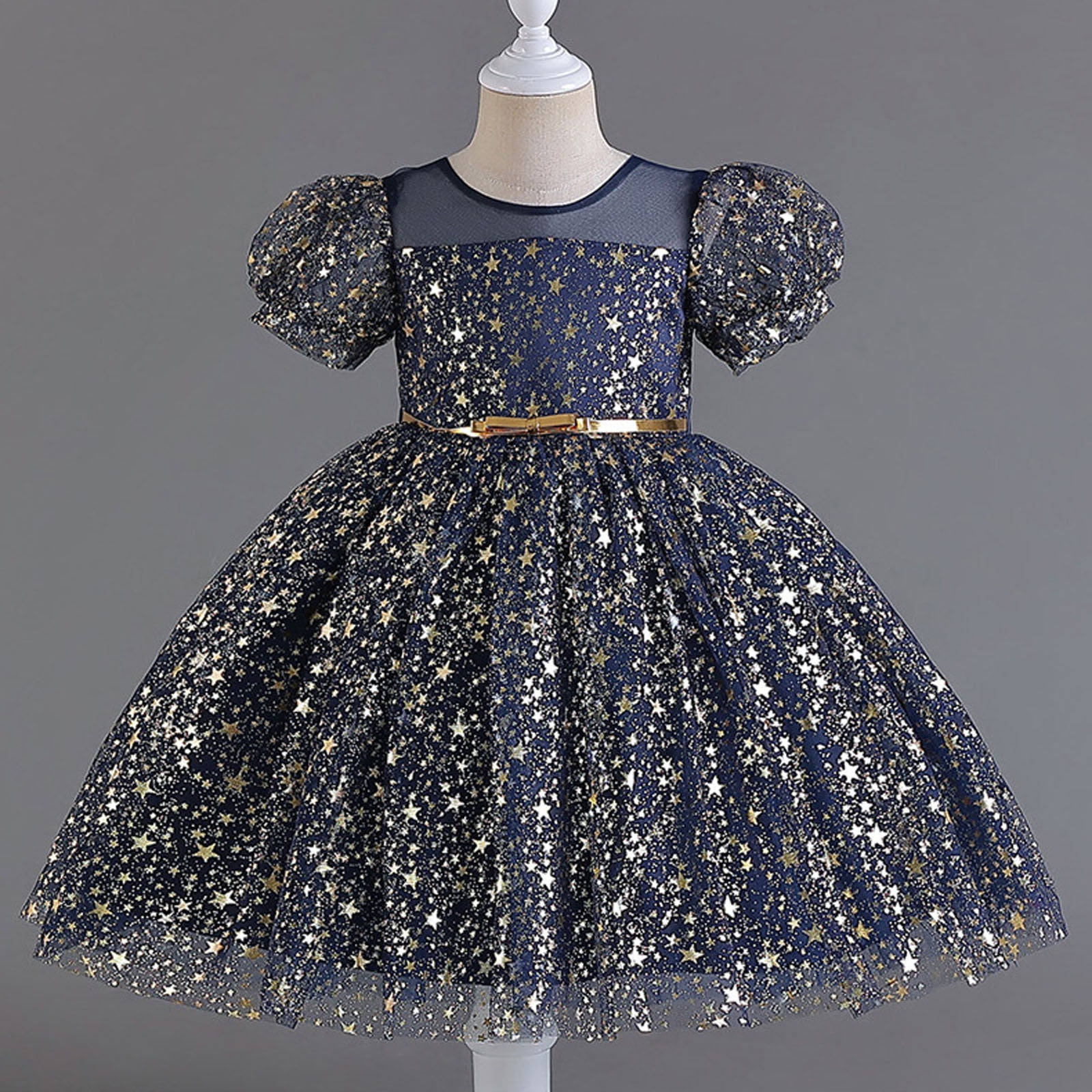 Girls Sequins Tutu-Dresses Layered-Tulle Size 4-12 Toddlers Kids Cute Short Puffed Sleeve Crewneck A-Line Birthday Evening Party Dress