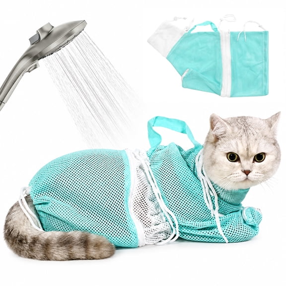 Cat Bath Bag for Grooming, Updated Grade Cat Restraint Bag with Detachable Hanging Strap, Scratch Resistant Cat Washing Bag for Nail Trimming, Ear Cleaning, Bathing, Medication & Daily Care - blue