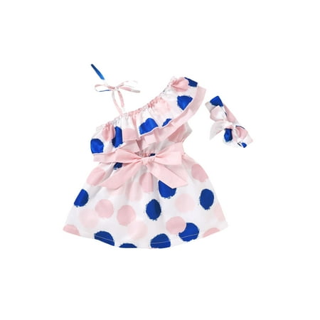 

EYIIYE Baby Girls Toddlers Dot Print Half Shoulder Dress Bow Ruffle Collar Camisole Lace Hair Band Set 1-4 Years