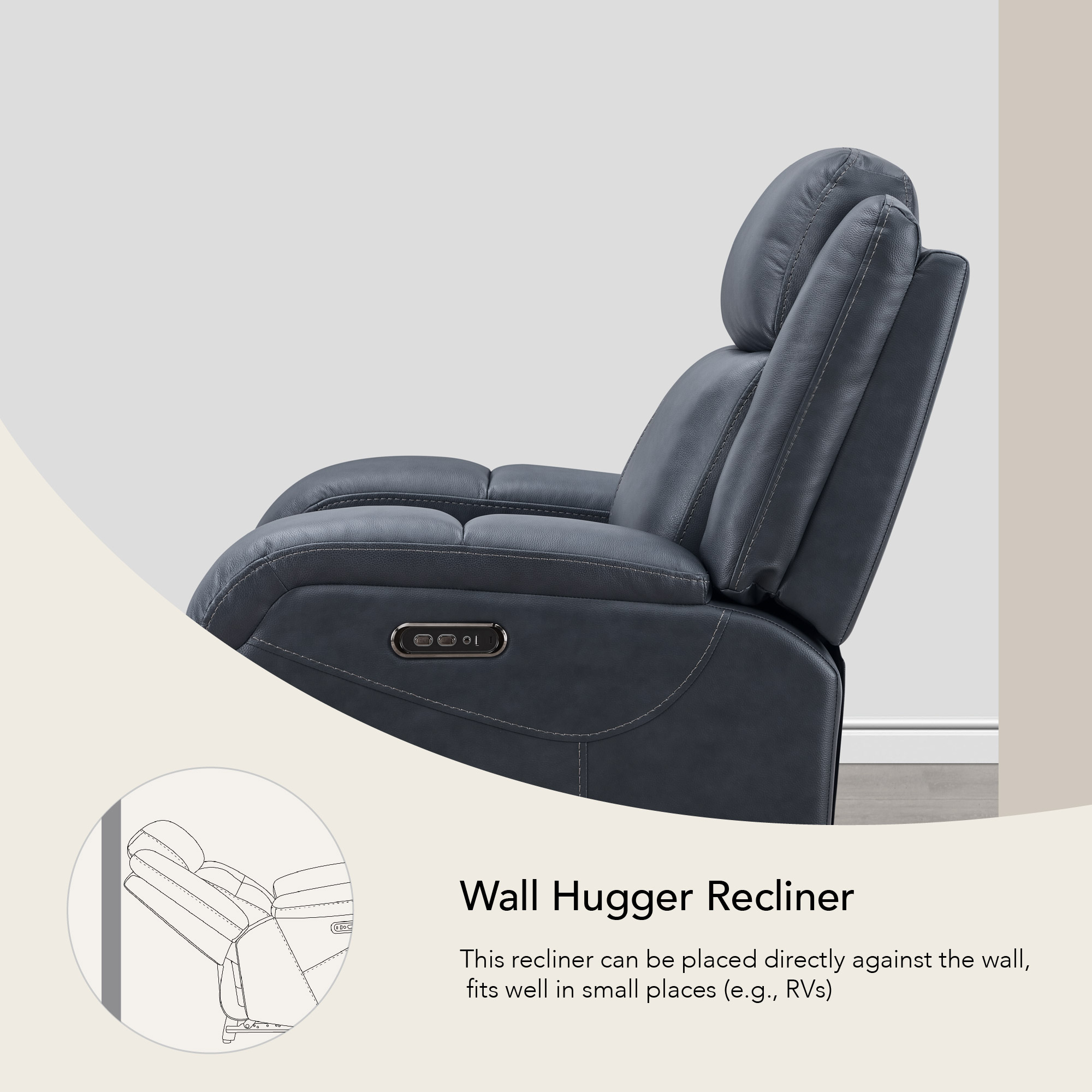 Spruce & Spring Genuine Leather Wall Hugger Power Recliner with Dual Motors, Navy-Medium