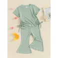 thumbnail image 4 of Musuos Toddler Girls Ribbed Summer Outfits, 9M 12M 18M 24M 3Y 4Y Short Sleeve Round Neck Side Drawstring Tops + Elastic Waist Flare Pants Set, 4 of 10
