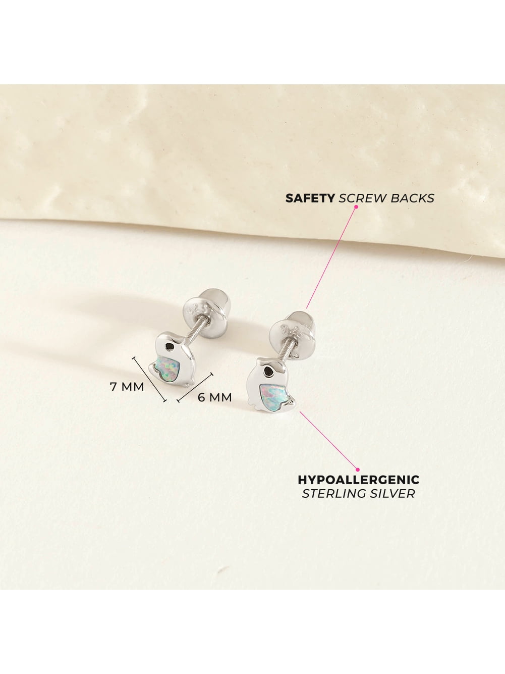 Simulated Opal Dove Kids / Children's Earrings Screw Back - Sterling Silver