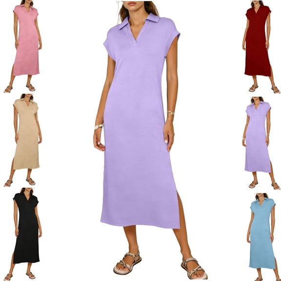 Gamivast Casual Dresses for Women Collared V-Neck Cap Sleeve Midi Dress Comfy Summer Dresses Side Slit Solid Straight Shift Work Golf Office Daily Wear