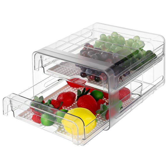 2 Layers Refrigerator Organizer, Clear Stackable Fridge Drawer Pull Out Fridge Storage Containers, Double Layer Plastic Refrigerator Organizer Bins with Drain Tray for Fruits, Vegetables, Eggs
