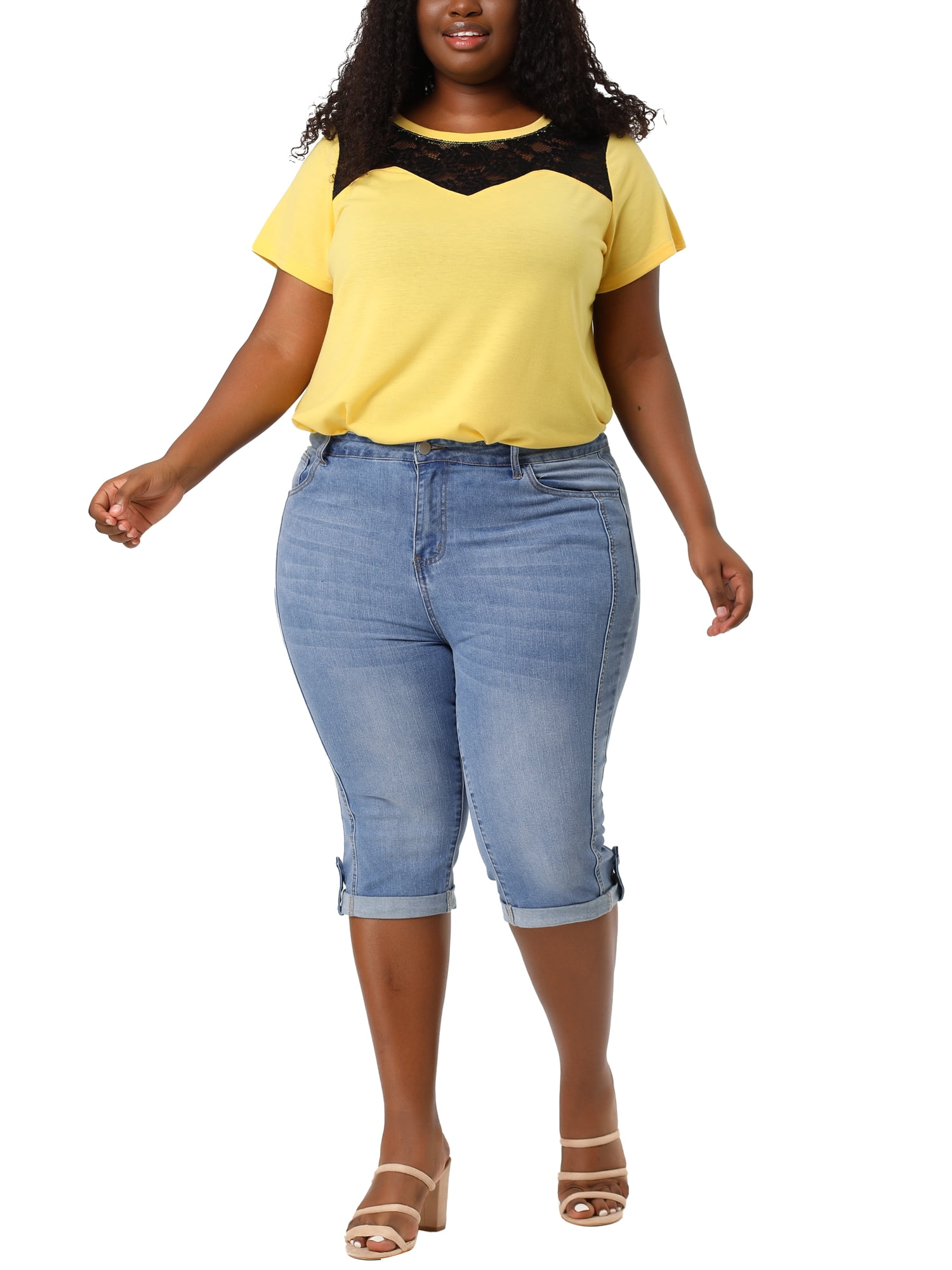 Unique Bargains Juniors' Plus Size Shorts Chambray Ripped Denim Capri Jeans Light Blue 2X