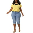 thumbnail image 2 of Unique Bargains Juniors' Plus Size Shorts Chambray Ripped Denim Capri Jeans Light Blue 3X, 2 of 7