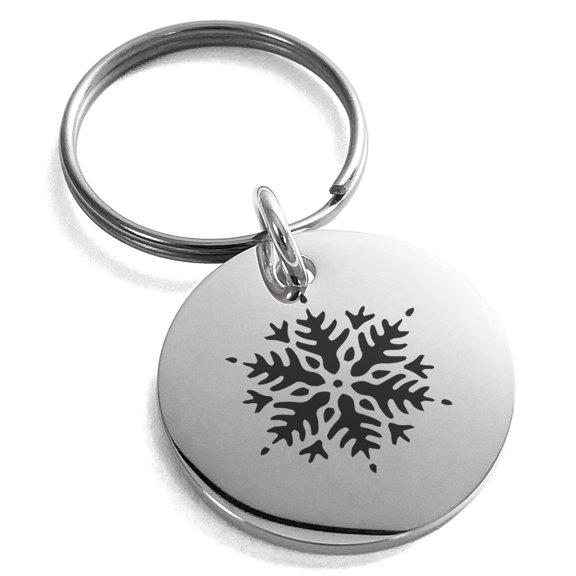 Stainless Steel Artisan Snowflake Engraved Small Medallion Circle Charm Keychain Keyring