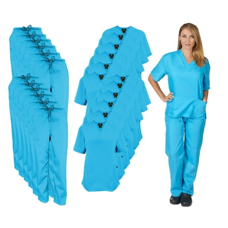 

M&M SCRUBS Women Scrub Set V-Neck Medical Scrub Tops and Drawstring Pants - Pack of 12 Set (Water Blue X-Small)