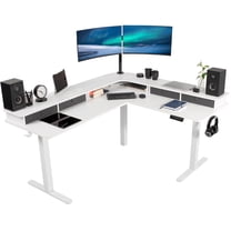 VIVO 2-Tier Electric 63" x 55" Corner Desk, White Table Top, White Frame