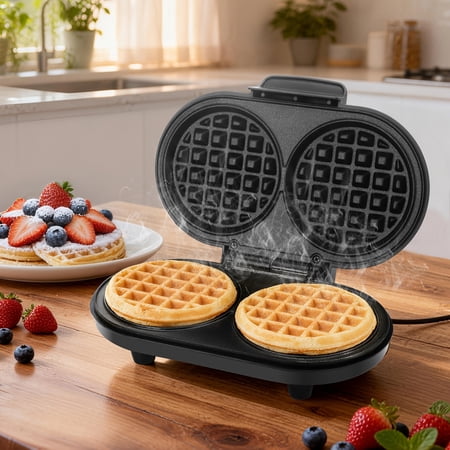 Mini Electric Waffle Maker with 2 by 4 Inch Circular Non Stick Mesh Plates, Fast Heating Easy to Clean Compact Breakfast Appliance in Black for Home Kitchen Use