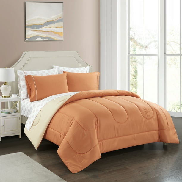 Casa 7 Piece Solid Reversible Comforter, Burnt Orange Queen Bedding