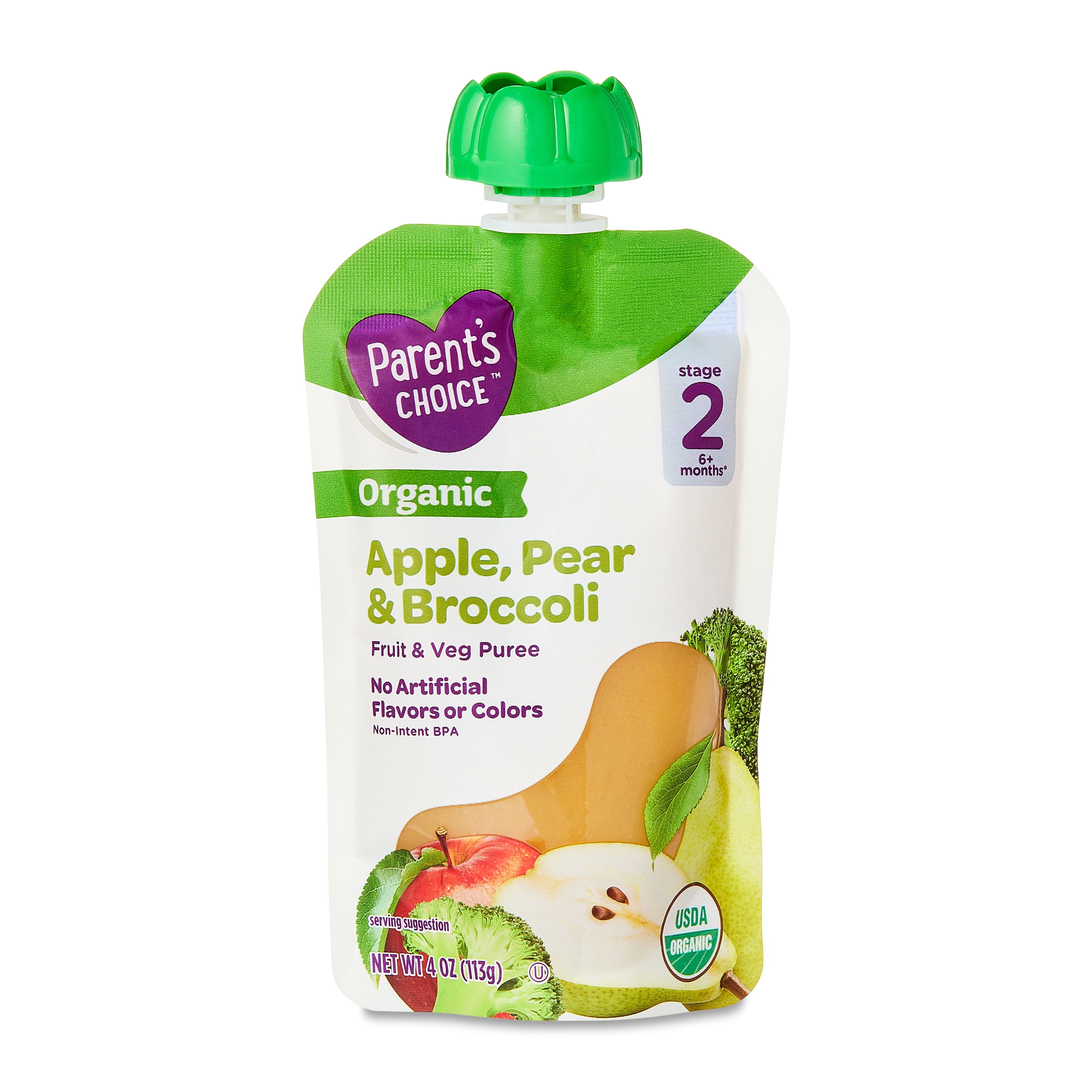 (6 pack) Parent's Choice Organic Stage 2 Baby Food Apple, Pear, and Broccoli Puree, 4 oz Pouch