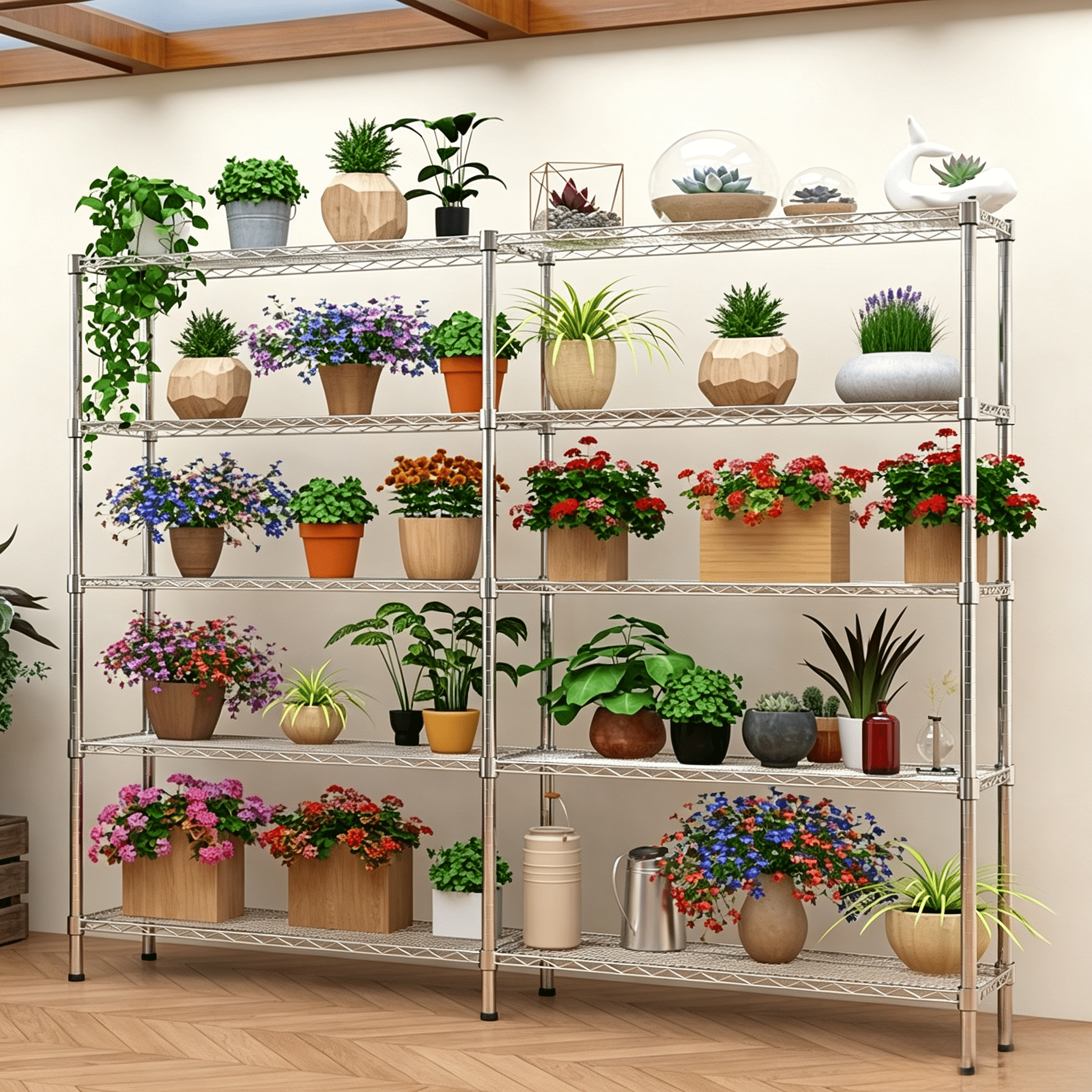 5-layer double row, freely adjustable layer spacing, with adjustable feet, display stand, iron, 147*35*180cm, chrome-plated