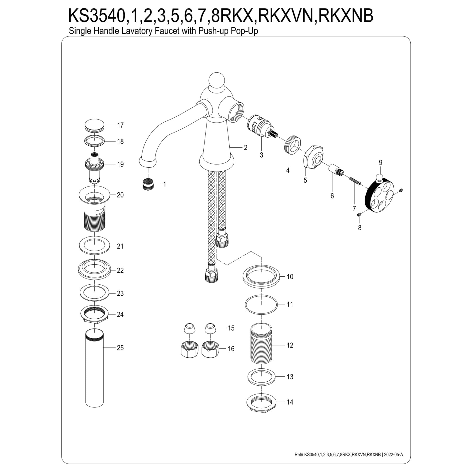 Kingston Brass KS3548RKX Webb One-Handle Single-Hole Bathroom Faucet with Knurled Handle and Push Pop-Up Drain, Brushed Nickel