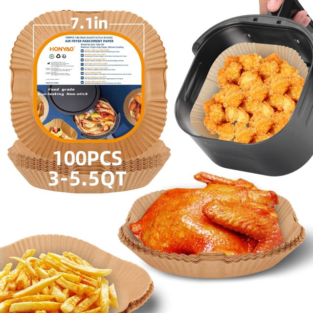 HONYAO Air Fryer Disposable Paper Liners - 100 Pcs 7.1 inch Square Disposable Parchment Paper