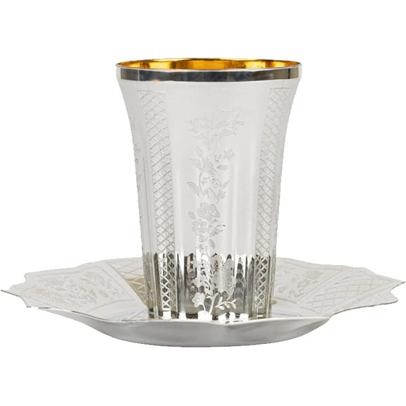 (5 PACK) EcoQuality Disposable Plastic 5.5oz Kiddush Cups and Plates Set - Silver Like Coated Cup and Tatz Saucer Set, Heavy Duty, Silverware for Wine, Weddings, Passover Seder, Shabbat, Brit, Kosher