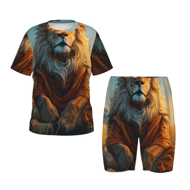 Balery Prairie Meditating Lion Conjunto de Pijama Infantil de Manga Corta con Estampado – Ropa de Dormir de Algodón Suave-Large