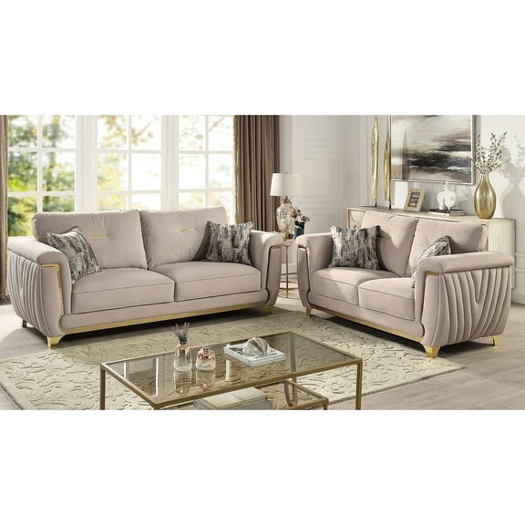 Elegant 2pc Livingroom Configuration - Beige Upholstery, Gold Highlights, Solid Wood Incorporation Velvet, Decorations,