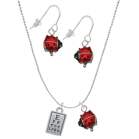Delight Jewelry Silvertone Eye Chart Red Lucky Ladybug Necklace and Dangle Earrings Set