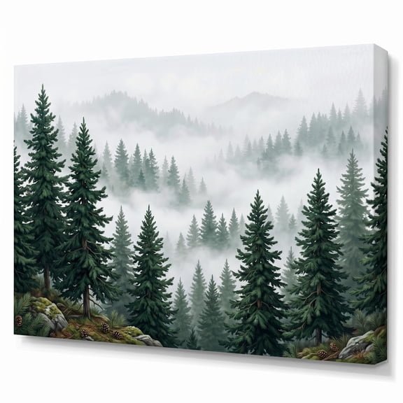 XaaKee Canvas Wall Art Deep Emerald Mystical Misty Forest Minimalist Pine Woods Canvas Art Prints Inner Framed 18*12Inch