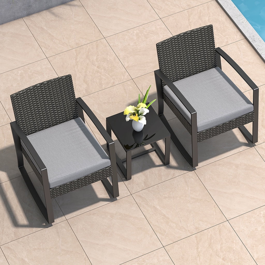 3-Piece Outdoor L-Shaped PE Wicker Conversation Set, All-Weather Waterproof Patio Furniture with Thick Cushions & Tempered Glass Coffee Table, Ideal for Backyard Porch Balcony Poolside - Grey
