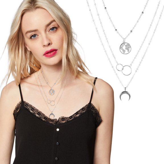 HOARBOEG Dainty Layered Necklaces Trendy Moon Necklace Map Pendant Jewelry Delicate Choker Chain Multi layer Crescent Disc Necklaces Gifts for Women