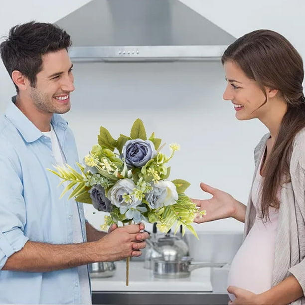 Ramo de peonías artificiales | Rosas de tela azules, blancas y amarillas | Juego de 4 ramos con flores grandes y capullos | Decoración de 30 cm para jarrones, centros de mesa, bodas y oficinas